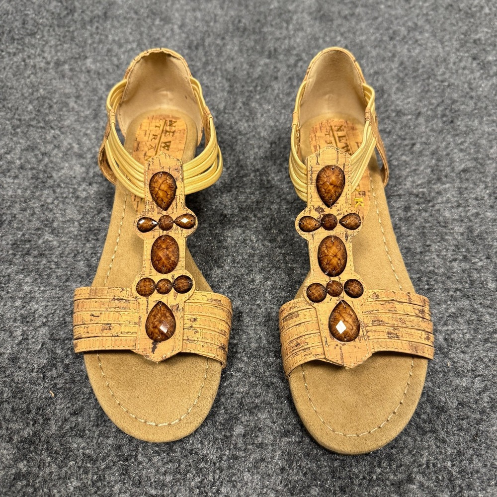 New York Transit Women Cork Wedge Sandals Jeweled Gem Boho Strappy Sz 9M No Box